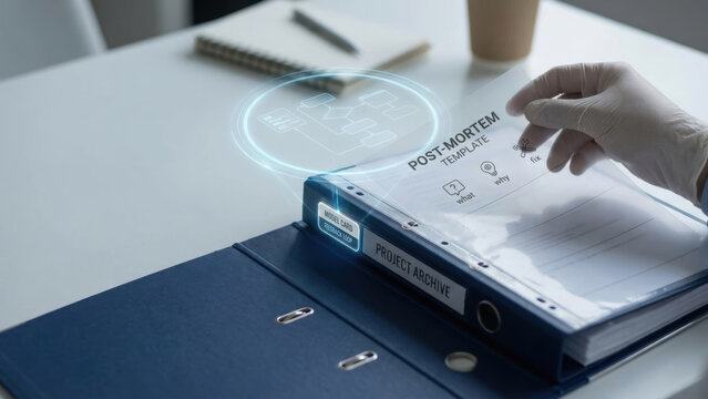 Post mortem template with ai risk controls concept on project archive folder for analysis and improvement in business process management