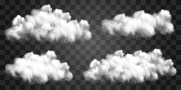 Vector white realistic cloud set. Cloud texture, nature sky or foggy nature illustration on png background. Vector weather isolated on transparent background.