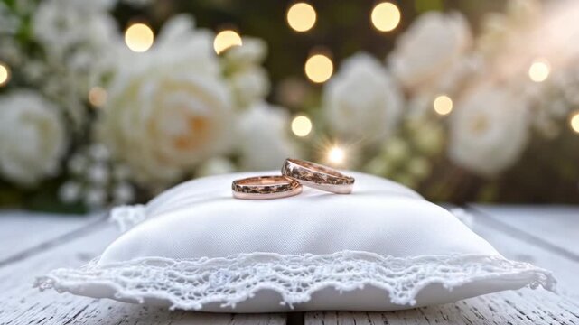 Elegant Wedding Rings on a Soft Cushion Surrounded by Romantic Flowers and Lights