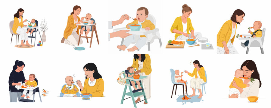 Mother and baby feeding journey set, illustrating moments from preparing healthy food, spoon-feeding, messy meal times, and loving bonding in a high chair.