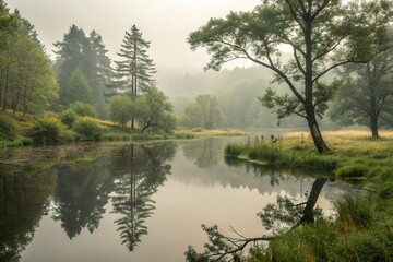 Fototapeta premium Serene morning landscape with fog over a calm river reflecting trees and lush greenery