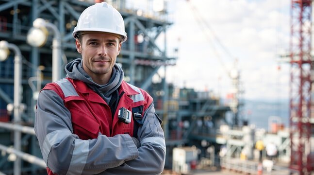 Male engineer at construction site. Builder worker on a rig. Power industry and oil gas platform. Engineering and industrial work concept.