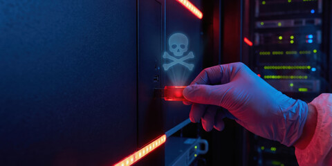 Cybersecurity risk concept with ai controls protecting data from malware attack in server room with hand holding infected usb device