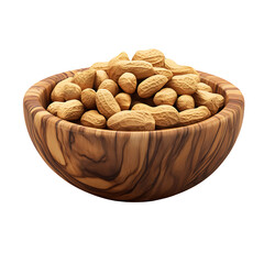 Crunchy roasted peanuts with shells piled high in a rustic handcrafted wooden bowl for healthy snacking food photography and organic snack product marketing shots isolated on transparent background