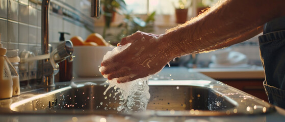 Clean hands are thoroughly washed under running water at the kitchen tap, symbolising hygiene — the ideal atmospheric backdrop for advertising detergents or educational materials about health.