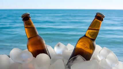 A group of beer bottles in a bucket of ice