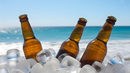 A group of beer bottles in a bucket of ice