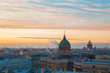 Fototapeta premium View of Kazan and St. Isaac's Cathedrals from the Duma Tower. Beautiful sunset.