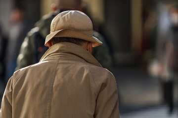 Older man, wearing tan trench coat with turned up collar against wind and bucket hat with floppy brim, walks down street in golden sunlight of late afternoon on chilly day. 