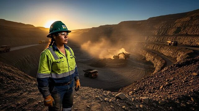 Male Construction Worker in Safety Gear Overseeing Mining Operations at Sunset