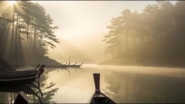 A serene lake scene at sunrise with boats surrounded by tall trees and misty atmosphere