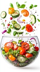 A vibrant mix of vegetables and greens floating above a glass bowl emphasises the theme of healthy eating &mdash; ideal as an atmospheric backdrop for culinary blogs or fitness projects.