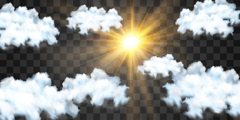 Vector realistic cloud with transparent sunlight. Cloud texture, nature sky with bright sun. Sky nature illustration on png background. Vector weather isolated on transparent background.