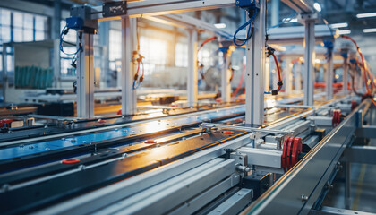 無人搬送ラインが稼働する工場内部 スマートファクトリーの現場