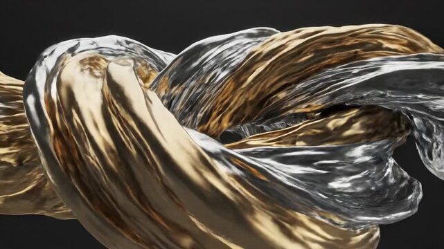 Swirling ribbons of silver and gold interlock in a dynamic, abstract composition against a dark, neutral background