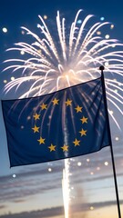 A flag with fireworks in the background