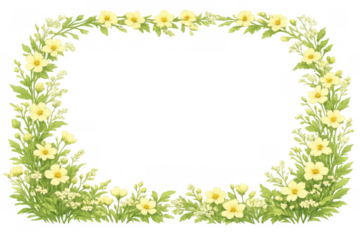 Yellow and white flowers forming decorative frame, botanical border for spring designs with transparent background