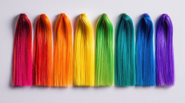 Colorful bundles of straight synthetic hair extensions arranged in rainbow order on white background