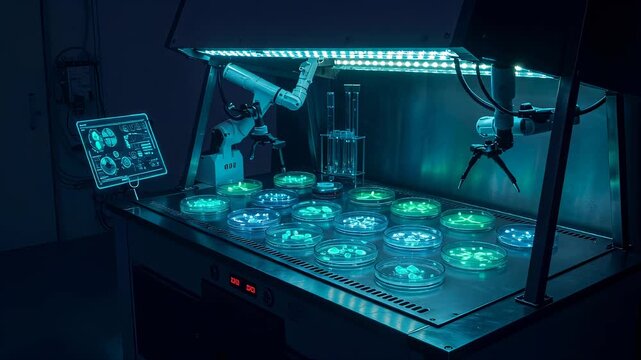 Robotic arms working in a futuristic laboratory. Automated genetic engineering, human cloning and cryocapsule research concept for advanced medicine.