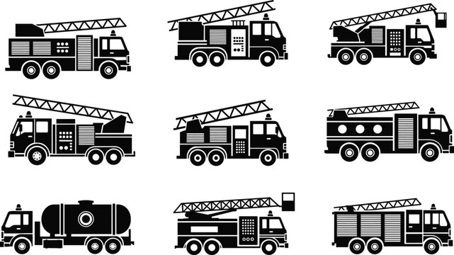 Set of Fire Truck Icons Black Vector Silhouette Collection Including Ladder Trucks Tankers and Emergency Rescue Vehicles for Firefighting Design