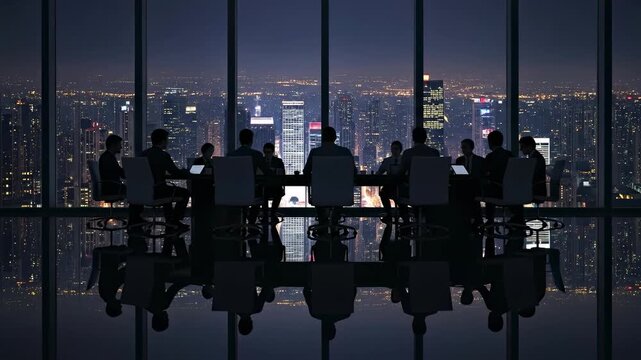 Silhouetted Business Meeting at Night with City Skyline View