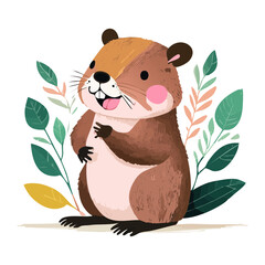 Obraz premium Smiling Brown Animal Beaver Character Standing In The Garden With Green Leaves And Soft Pink Blooms