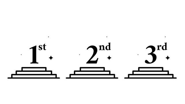 Three separate tiered podiums are labeled for first, second, and third place, showcasing the complete ranking for a competition or the hierarchy of winners in an organized event