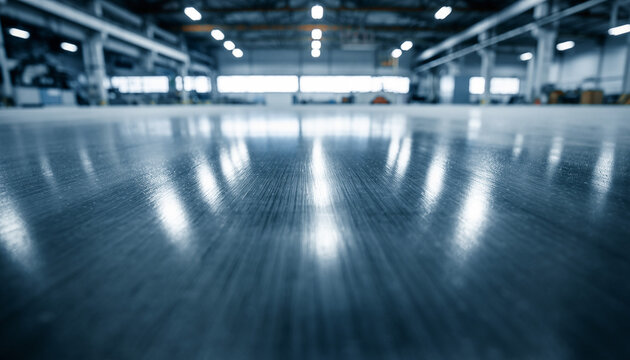 工場内に並ぶ鉄の板のクローズアップと製造現場