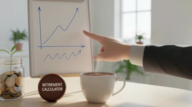 Retirement planning compound interest calculator coffee cup coin jar on office desk for saving growth financial planning inspiring future wealth goal