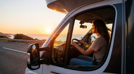 Naklejka premium Driving a camper on the coast road during sunset while enjoying the view of the ocean and hills