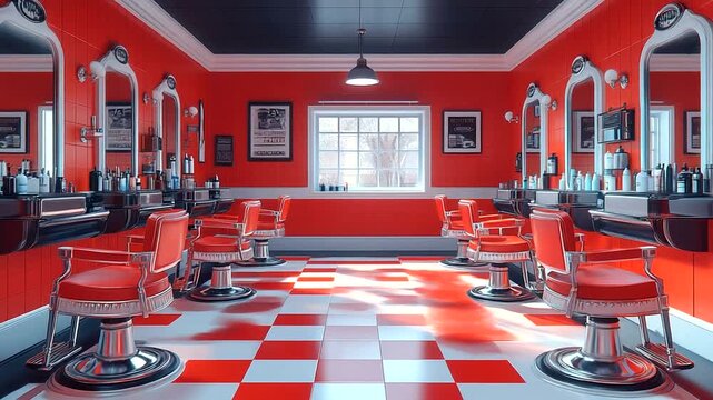 Stylish red-themed barber shop interior with vintage decor