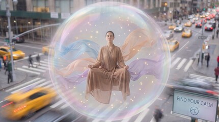 A conceptual advertising image for mental wellness and calm. A person in comfortable, neutral-toned clothing is sitting in a meditative pose floating inside a protective iridescent bubble sphere.
