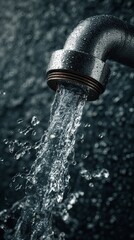 Close-up of high-pressure water gushing from shiny domestic pipes, dynamic droplets and splashes frozen in motion, stainless steel texture, clean background showing energy and freshness.