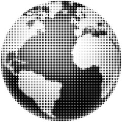 Fototapeta na wymiar Illustration of a black and white world planet earth globe map. In a vintage newspaper comic photo pointillism dots halftone style.