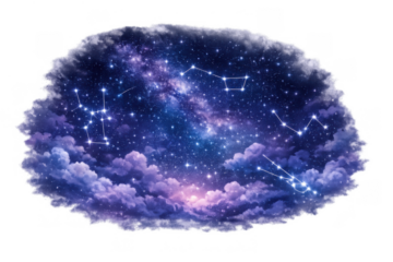 Galaxy night sky with vibrant stars and constellations forming celestial shapes on a deep purple cloudy cosmos background
