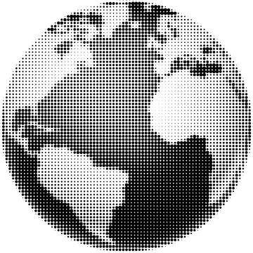 Illustration of a black and white world planet earth globe map. In a vintage newspaper comic photo pointillism dots halftone style.