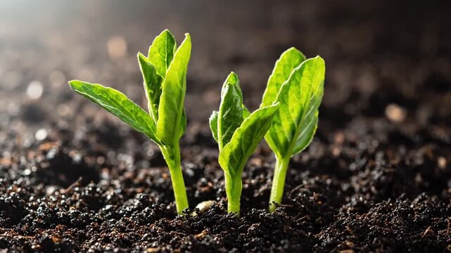 Tiny green sprouts emerging from dark soil, symbolizing growth and new beginnings.