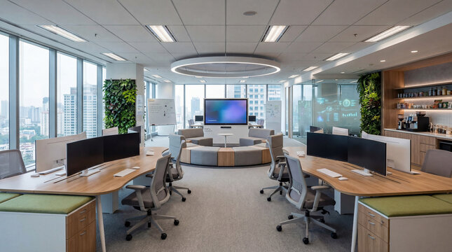 Modern office space with seating areas and screens in a tall building during daytime in an urban setting