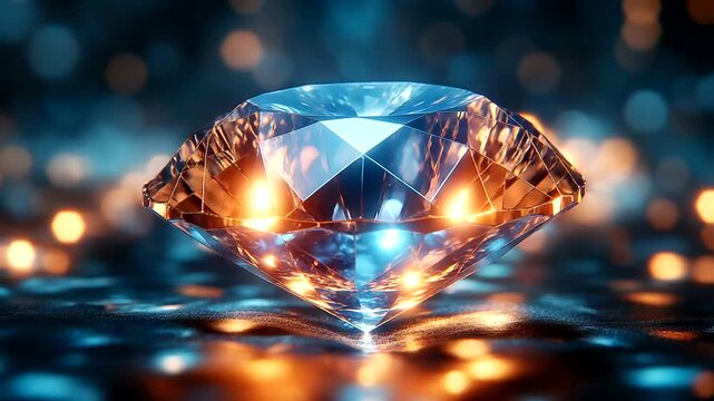 Sparkling diamond on a reflective surface with lights