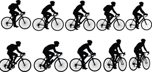 Naklejka premium Silhouette set of professional cyclists riding bicycles in various poses isolated on white background for sports fitness and outdoor activity