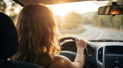Fototapeta premium Driving on a winding road at sunset with a view of trees and hills in the distance