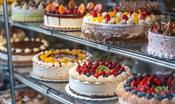 Assorted gourmet cakes displayed beautifully in a bakery glass rack, featuring rich and fruity varieties