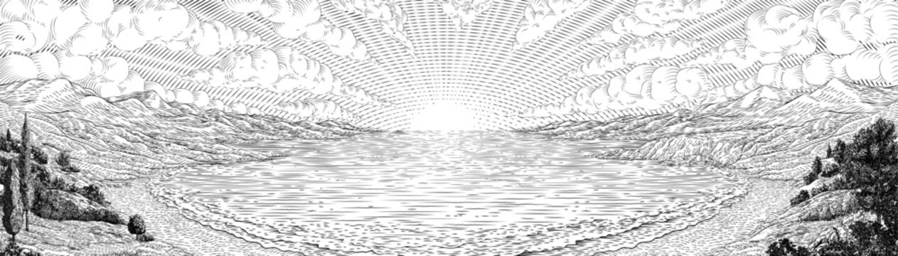 A bay or cove coast coastline beach and cliffs with a sun rising over the sea horizon surrounded by mountains landscape background. Original illustration in a vintage retro woodcut style.