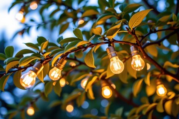 String lights hang from a tree branch, illuminating the green leaves, creating a warm and inviting atmosphere in the evening light.