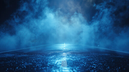 Futuristic Blue Neon Road with Fog and Wet Asphalt Reflection background