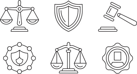 Set of legal and justice icons including scales of justice, shield, gavel, and seal in a clean, minimalist line art style for law and business concepts.