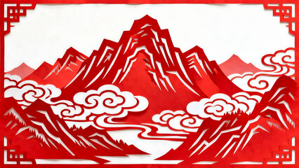 Traditional Red Paper-cut Mountain Decoration Painting