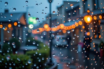 A rainy scene with droplets on a window, blurring orange lights and silhouettes of people in the background, creating a moody atmosphere.