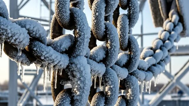 Frozen Chains in Winter Landscape &ndash; Macro Photography of Icy Heavy-Duty Metal Links