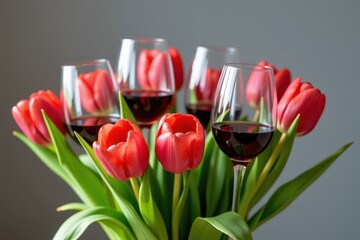 A vibrant arrangement of red tulips surrounded by wine glasses, creating a perfect setting for relaxation and social gatherings.